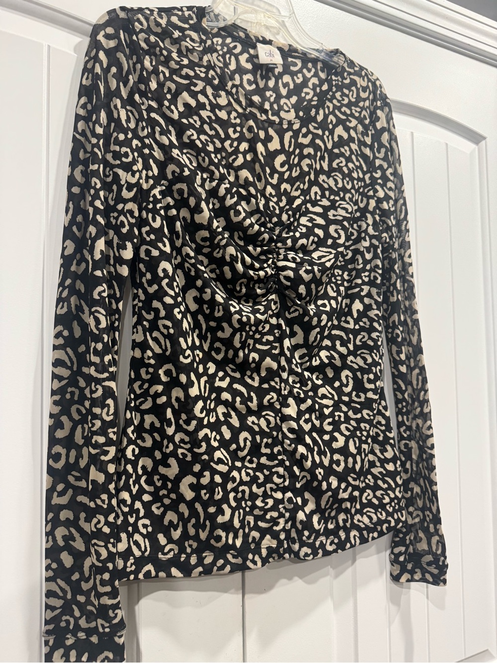 CAbi Black and Cream Leopard Twist-Front Long Sleeve Tee - Picture 4 of 5